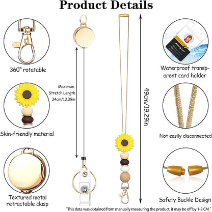 Colorful ID Badge Holder with Silicone Beads Lanyard Set,Cute Teacher Breakaway Lanyard for Keys & Keychain with Cute Retractable Badge Reel Holder,Gift for Women,Nurse, Teacher. (Yellow Daisy)