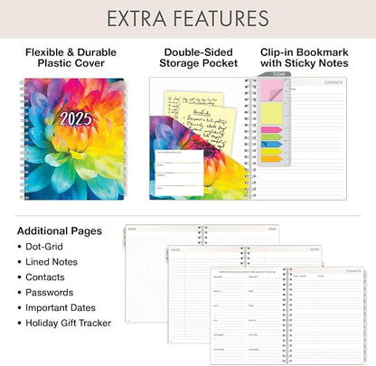 Essential PRO 2025 Daily, Weekly & Monthly Planner, 7"x9": 14 Months (Nov 2024 - Dec 2025) Monthly Tabs,Daily Tracking,Notes Pages,Storage Pocket,Bookmark w Sticky Notes (Rainbow Petals)