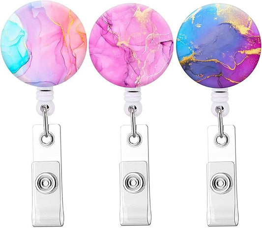 Retractable Badge Reel Clip, Badge Holder with Alligator Clip, Cute Badge Clip on ID Name Card Holders for Nurse Doctor and Office (3Pack Gilt Blue Pink)