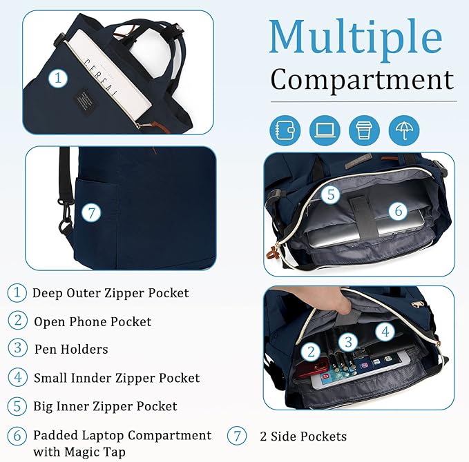 BASICPOWER Backpack Purse for Women Tote Bag Travel Laptop Bookbag Work Nurse Teacher Bag 15.6-in Computer Navy
