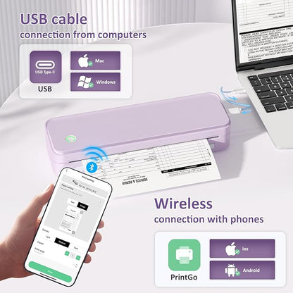 Inkless Portable Printer for Travel, Wireless Thermal Printer Supports 8.5 x 11 Inch US Letter Size, Bluetooth Machine Includes Carry Case and 3 Rolls of Thermal Paper Kit, Purple