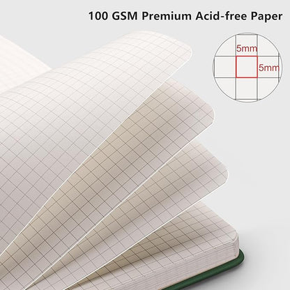 RETTACY Graph Paper Notebook, A5 Grid Notebook Journal with 192 Pages, 5.7'' × 8.3'', Medium Size, Leather Hardcover, 100 GSM Thick Paper, for Students, Homework, Math, Engineering (Dark Green)