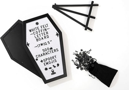 Coffin Letter Board White With Spooky Emojis +500 Characters, and Wooden Stand - 17x10.5 Inches - Gothic Halloween Decor Spooky Gifts Decorations