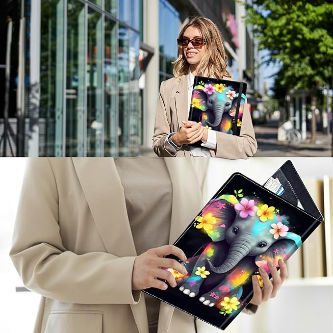 PU Leather Padfolio Clipboard Notepad with Pen Loop and Elastic Strap Interview/Resume Document Organizer for Business School Office,Elephant with Flowers
