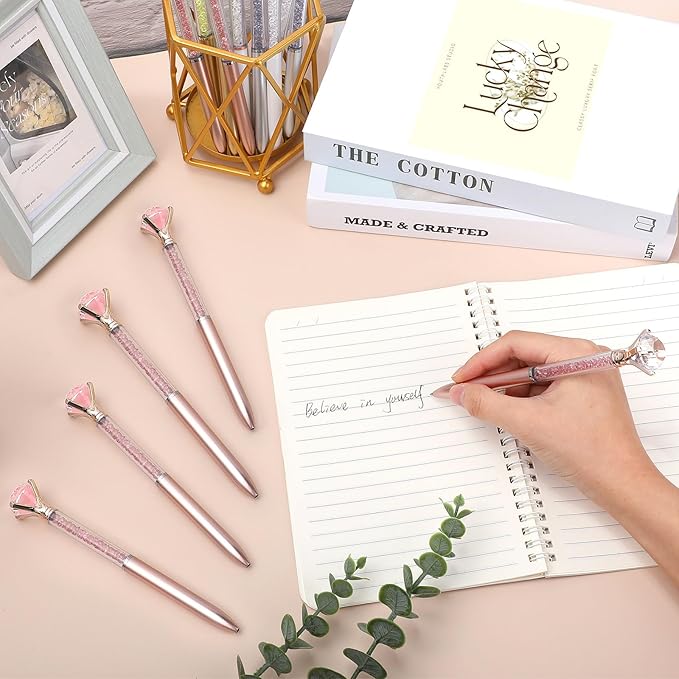 Sherr 100 Pack Big Crystal Diamond Pens Cute Ballpoint Pens Retractable Ballpoint Rhinestones Crystal Bling Gem Plated Black Gel Ink Office Supplies Gifts for Women(Rose Gold,Glitter)