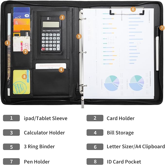 Portfolio Binder - 3 Ring Padfolio with Zipper, PU Business Portfolio Card Holder Tablet Sleeve A4 Writing Pad Clipboard, Meeting Document Organizer for Men Women