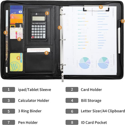 Portfolio Binder - 3 Ring Padfolio with Zipper, PU Business Portfolio Card Holder Tablet Sleeve A4 Writing Pad Clipboard, Meeting Document Organizer for Men Women