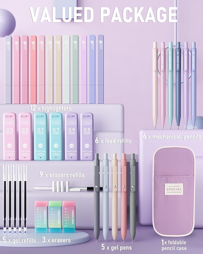 Four Candies 39 PCS Aesthetic School Supplies with Cute Pen Case, 12 Pastel Highlighters, 5 Black Ink Gel Pens, 6 Mechanical Pencils Set 0.5 & 0.7mm for Students Stationary College Essentials (Purple)
