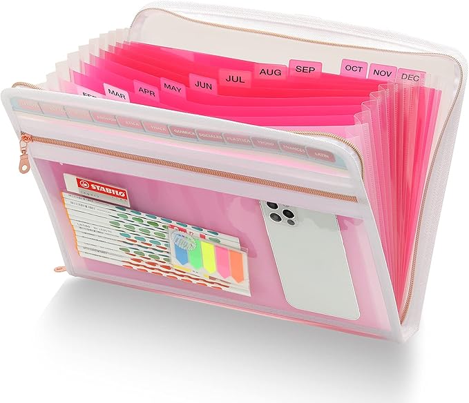 H4D 13 Pocket Expanding File Folder Organizer with Front Clear Pounch, Accordion File Organizer with Zipper Clourse, Fit for Letter Size Papers, Pink