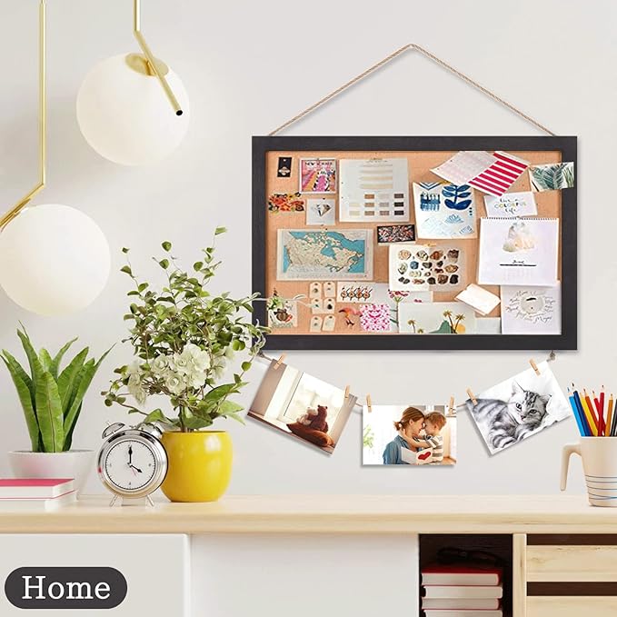 Miratino 2-Pack Cork Board Bulletin Board, 16x11 Inches Wooden Frame Pin Board, Cute Cork Boards for Walls Hanging for Office, Home Decor, School (Pins, Clips, Strings) Black