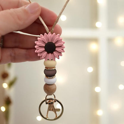 Flower Teacher Lanyards ID Badge and Key Chain, Cute Silicone Beads Lanyard for Women Nurse Work Student (Dark Violet)