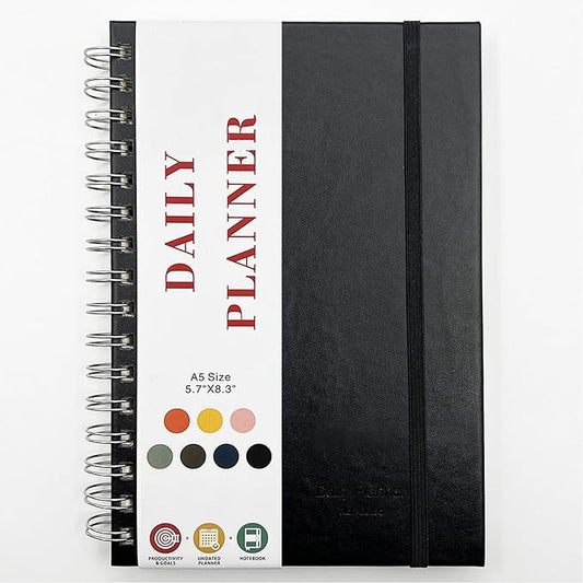 Undated Daily Planner,Undated Planner with Hourly Schedules, Daily Organizer Notebooks for work, Spiral Appointment Planner for Men and Wome, To Do List Notebook for Time Management, Elastic Closure, Pocket (Black)