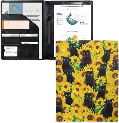 Black Cat Sunflower Portfolio Folder Leather Padfolio with A4 Size Clipboard Clip for Business Resume Interview Document Sleeve Binder Folder for Men/Women