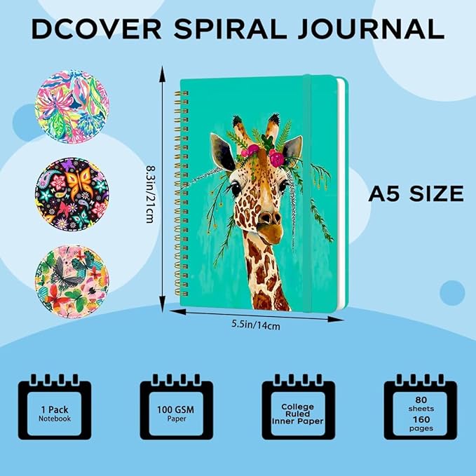 Spiral Notebook - A5 Spiral Notebooks, 8.3'' × 5.8'', 160 Pages, Aesthetic Journaling Notebooks for Women, College Lined Notebook with Elastic Closure, Back Pocket, for School Office, Giraffe