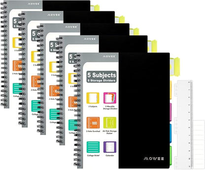 Spiral Notebook - 5 Subject Notebook, College Ruled Notebook With Dividers Pocket, Tabs Label (5PackBlack)