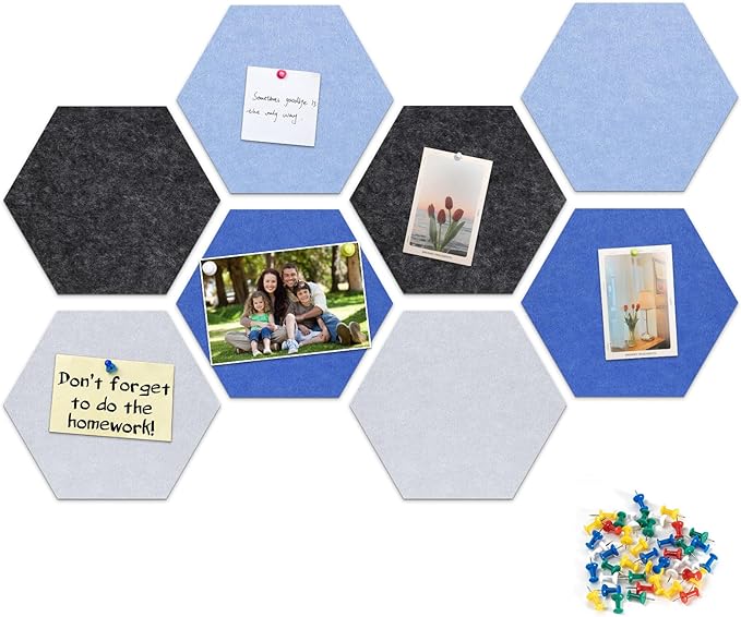 12" Large Bulletin Board with 30 Push Pins, Pack of 8 Hexagon Felt Pin Board Notice Boards for Home Office Kitchen, Felt Wall Tiles for Photos Memos