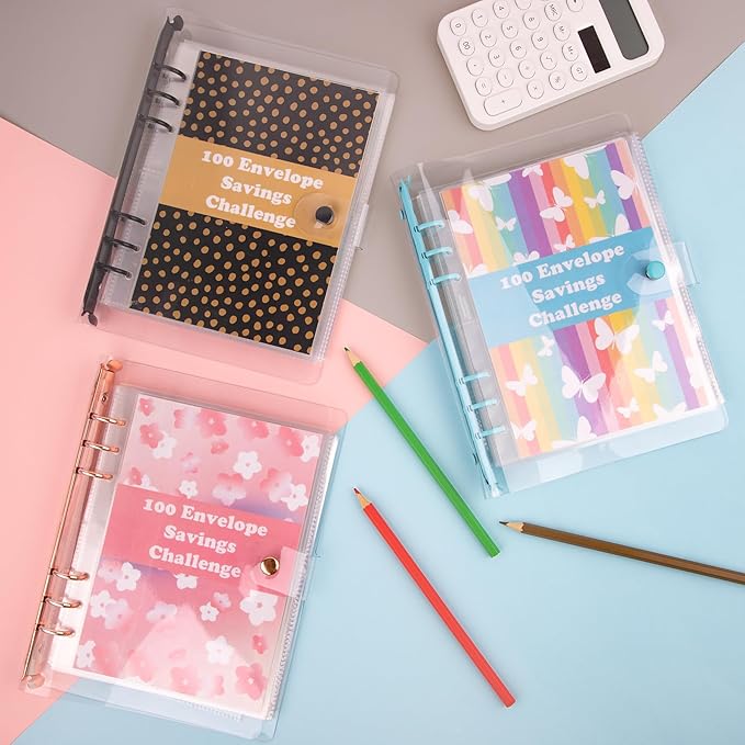 HAUTOCO 100 Envelopes Money Saving Challenge A5 Binder, Savings Challenges Book to Save $5,050, $500, $10,000, Budget Binder with Cash Envelopes, PVC Money Saving Binder with Challenge Trackers, Black