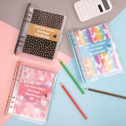 HAUTOCO 100 Envelopes Money Saving Challenge A5 Binder, Savings Challenges Book to Save $5,050, $500, $10,000, Budget Binder with Cash Envelopes, PVC Money Saving Binder with Challenge Trackers, Black