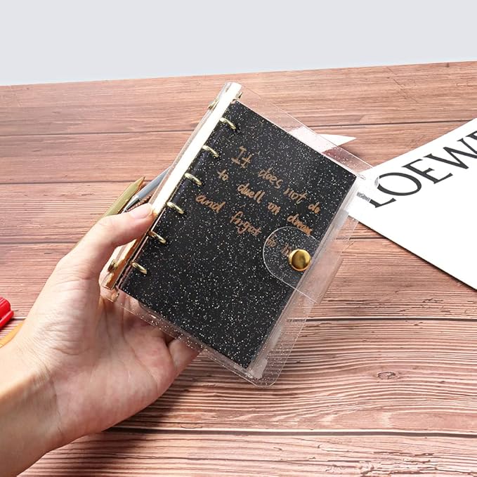 Glitter Powder PVC Binder Cover 6 Round Ring Binders Snap Button Closure Loose Leaf Folders Refillable Soft PVC Notebook Shell Protector (Gold 6 Rings, A7 Binder)