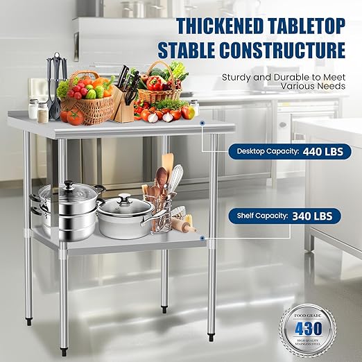 Stainless Steel Table 30 x 30 Inches Metal Prep Table with Backsplash & Adjustable Undershelf, Stainless Table for Commercial Kitchen, Outdoor, Restaurant, Hotel & Garage