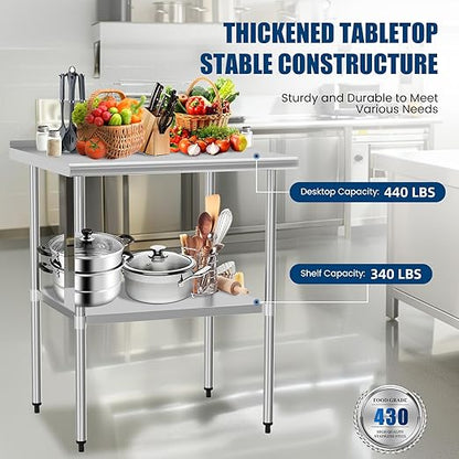Stainless Steel Table 30 x 30 Inches Metal Prep Table with Backsplash & Adjustable Undershelf, Stainless Table for Commercial Kitchen, Outdoor, Restaurant, Hotel & Garage