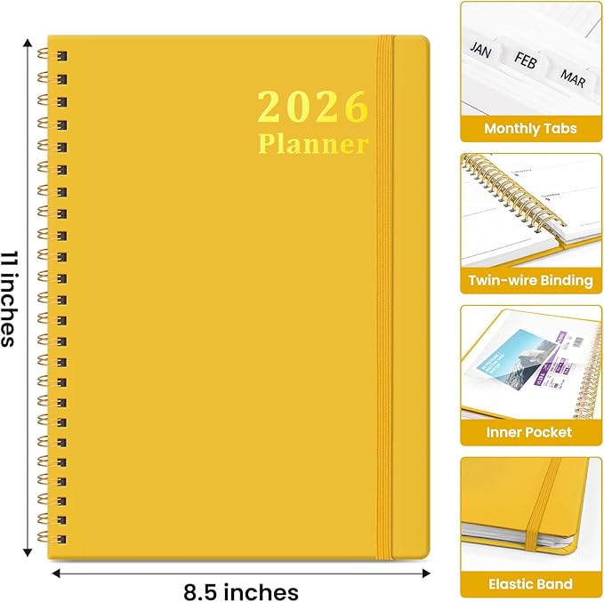 2026 Planner, Weekly and Monthly Calendar Planner, January 2026 - December 2026, Hardcover 2026 Calendar Planner Book with Tabs For Women & Men, Inner Pocket, Spiral Bound, Perfect for Office Home School Supplies - A4 (8.5" x 11"), Yellow