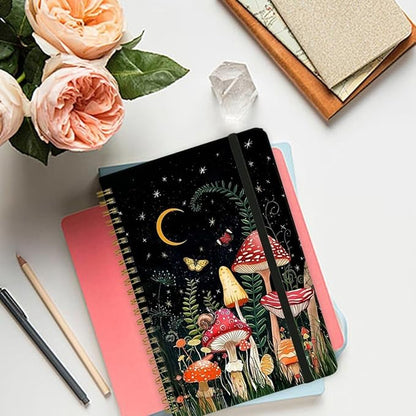 Spiral Notebook - A5 Spiral Notebooks, 8.3'' × 5.8'', 160 Pages, Aesthetic Journaling Notebooks for Women, College Lined Notebook with Elastic Closure, Back Pocket, for School Office, Mushroom House