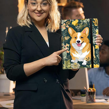 Dog Flower PU Leather Padfolio Clipboard Notepad with Pen Loop and Elastic Strap Interview/Resume Document Organizer for Business School Office