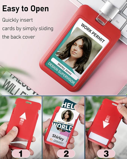 Uniclife 6 Pack Sliding ID Badge Holder Vertical Red Hard Plastic Case with Clear Window Red Card Protector Pouch for Office School ID Credit Cards Proximity Key Cards Driver’s Licenses and Passes