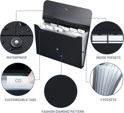 7 Pocket Expanding File Folder with Tab Inserts, Accordian File Organizer Document Receipt Organizer, Accordion Folder File Keeper A4 Letter Size, for School Home Office, Black