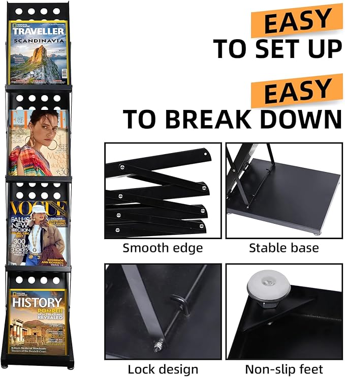 4 Pockets Folding Magazine Rack，Floor Metal Black Literature Rack with Case Brochure Stand Literature Stand Catalog Holder Stand Flyer Display Stand for Trade Show Exhibition Office Retail