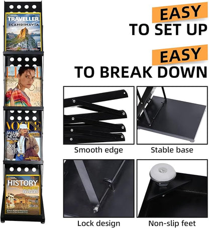 4 Pockets Folding Magazine Rack，Floor Metal Black Literature Rack with Case Brochure Stand Literature Stand Catalog Holder Stand Flyer Display Stand for Trade Show Exhibition Office Retail