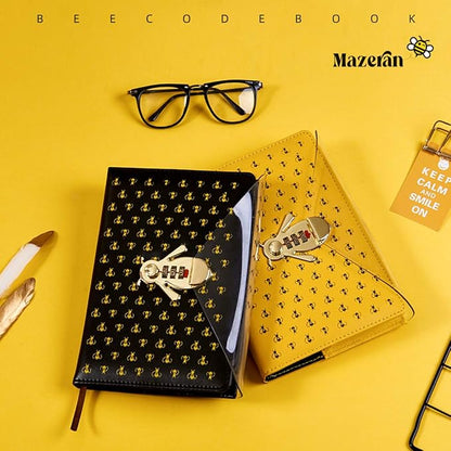 Mazeran Bee Shaped Combination Lock Journal, PU Leather Hard Cover Notebook Cute Diary, A5 Lined Password Locking Personal Planner Secret Organizer Gift for Girls Women Daughter