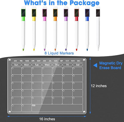 Magnetic Acrylic Calendar for Fridge Refrigerator Monthly Dry Erase Board w/ 8 Markers & Magnetic Pen Holder, Organic Glass Clear Planning Whiteboard Workout Board Meal Planner Magnetic 16x12''