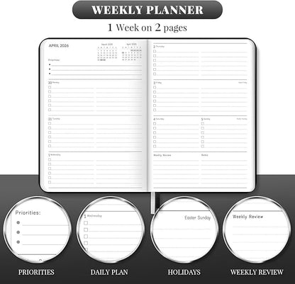 2026 Planner, Weekly and Monthly Planners, Faux Leather Daily Calendar 2026 Planner, 12 Month Agenda from Jan. to Dec., Hardcover Habit Tracker Journal 5.75" x 8.4"(Black)