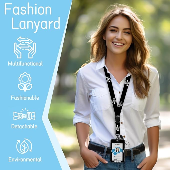 Lanyards for Id Badges, Funny Badge Holder with Retractable Badge Reel Clip, Skull Skeleton Rock Work Name Tag Keychain Lanyard Vertical ID Card Protector for Women Nurse Doctor Teacher Student