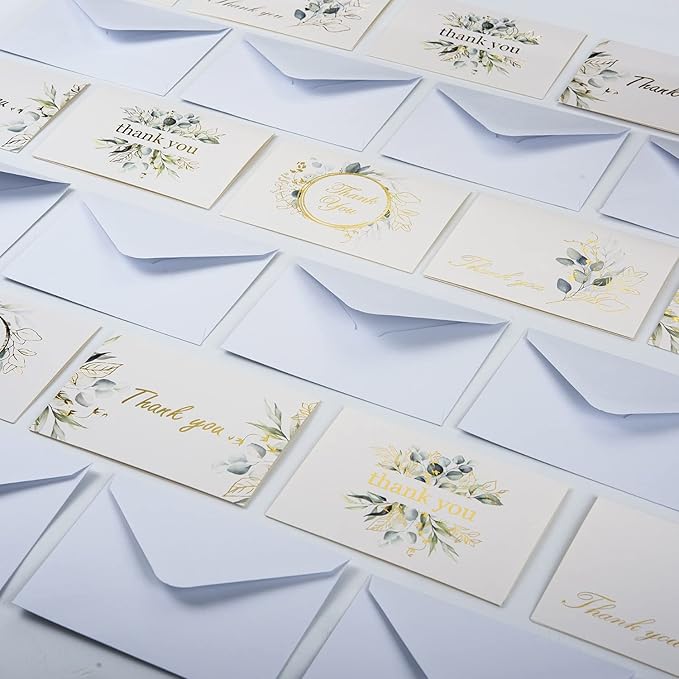 100 Bulk Thank You Cards with Envelopes White and Greenery Gold Foil – Floral watercolor Cards Thank You Notes with Envelopes and Eucalyptus leaves for Wedding Bridal Baby Shower Graduation Fune