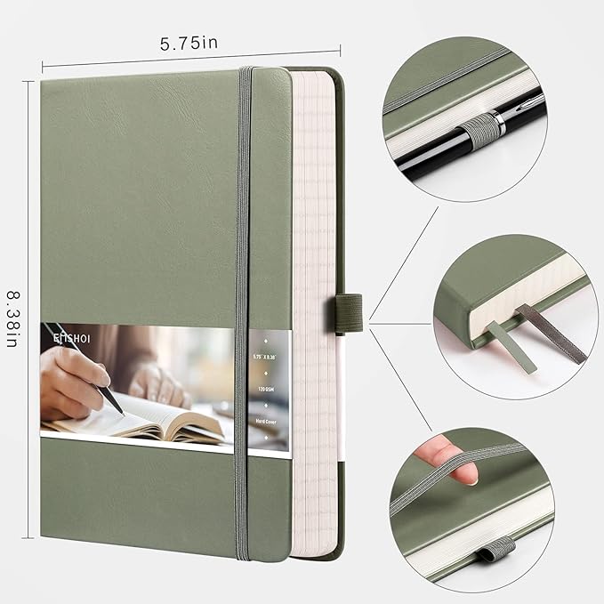 EMSHOI Graph Paper Notebook - 256 Pages A5 Graph Notebook/Journal, Hard Cover, 120gsm Thick Paper, Smooth PU Leather, Inner Pocket, 5.75'' × 8.38''- Olive Green