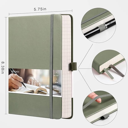 EMSHOI Graph Paper Notebook - 256 Pages A5 Graph Notebook/Journal, Hard Cover, 120gsm Thick Paper, Smooth PU Leather, Inner Pocket, 5.75'' × 8.38''- Olive Green