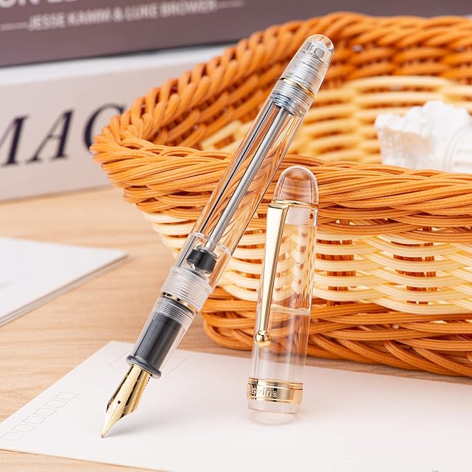 Asvine V126 Vacuum Filling Fountain Pen Medium Nib, Transparent Clear Acrylic, Large-Capacity with Gift Case