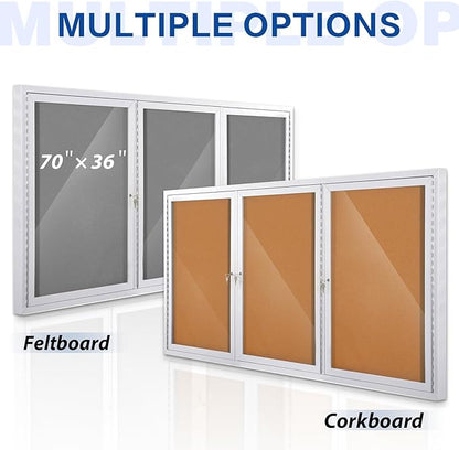 SWANCROWN Weather Resistant Enclosed Bulletin Board Cork Displays Case Wall Mounted Notice Cabinet with Three Lockable Doors, 70x36 inches