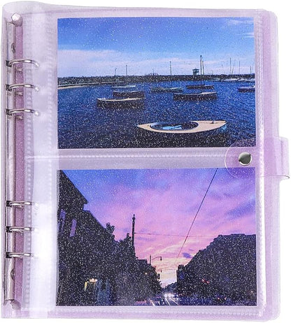 Purple Giltter PVC Kpop Photocard Binder Loose Leaf 6-Ring Wide A5 Photocards Holder with 6 Inch 100 Pockets Photo Pages Transparent Card Sleeve Protectors Page for Photos Cards Album Folder Organizer