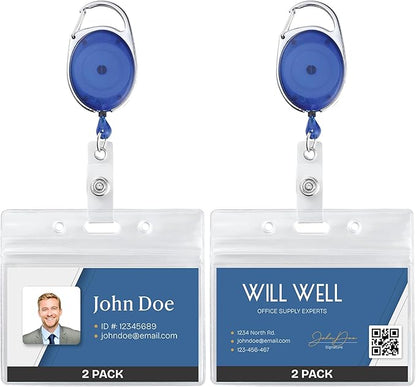 Will Well ID Badge Holders with Clip and Keyring - Horizontal Clear Plastic 3.7" x 2.5" Sleeves Fit Up to 3 Cards - Retractable 24" UHMWPE Fiber Pull Cords - 2-Pack, Transparent Blue Reels