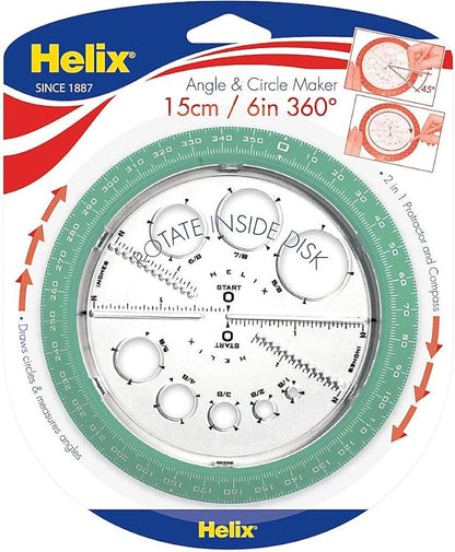 Helix Angle and Circle Maker with Integrated Circle Templates, 360 Degree, 6 Inch / 15cm, Assorted Colors (36002)