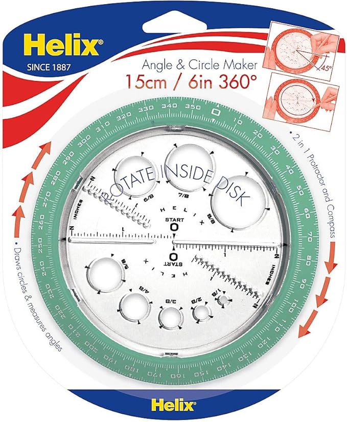 Helix Angle and Circle Maker with Integrated Circle Templates, 360 Degree, 6 Inch / 15cm, Assorted Colors (36002)