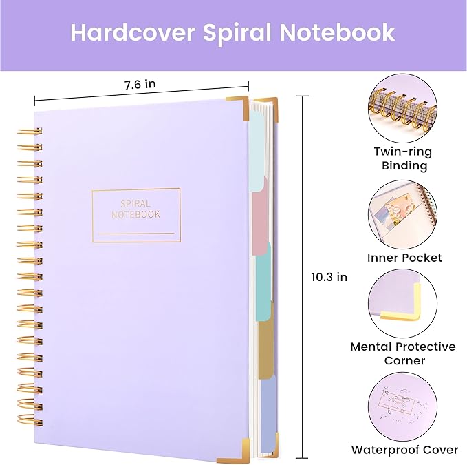 Hardcover Spiral Notebook with Tabs 8"x10" Large Spiral Lined Journals for Women with Dividers 240 Pages College Ruled Composition Notebook 5 Subject Notebook for Work, Back to School, Gifts, Purple