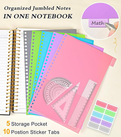 5 Subject Notebook College Ruled, Hardcover Spiral Notebook with Removable Pocket Dividers Tabs, 240 Pages Lined Spiral Journal Notebook for Women, 6x8.5 Notebooks for Work School Note taking A5 Black
