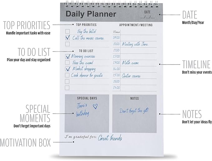 Daily Planner Notebook, To Do List Notepad, Spiral Notebook, Undated-52 Sheets-6.5" x 9.8" Checklist, Notebooks for Work, Personal Organizer Notepad, Daily Task Notebook (Gray)