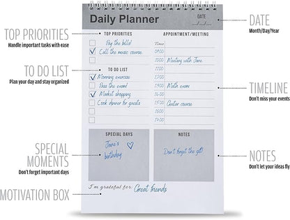 Daily Planner Notebook, To Do List Notepad, Spiral Notebook, Undated-52 Sheets-6.5" x 9.8" Checklist, Notebooks for Work, Personal Organizer Notepad, Daily Task Notebook (Gray)