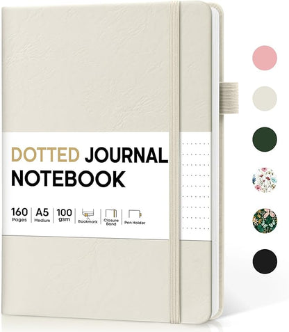 Bullet Dotted Journal Notebook for Women & Men, Hardcover Leather Journal for Writing, A5 Bullet Journaling Notebook for Work & Sketching, Perfect for Office School Home Supplies, 160 Pages, Beige Grey